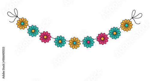 Cheerful daisy flower garland with colorful blossoms in pink orange and teal for festive spring party decorations.