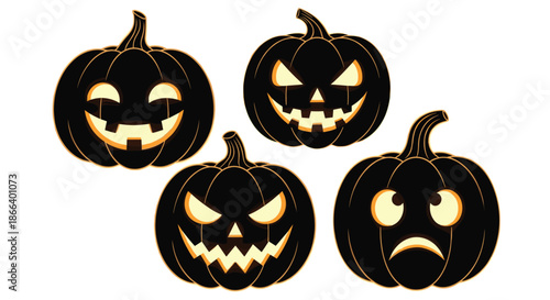 Complete set of four spooky black jack o lantern pumpkins with glowing orange features expressing different emotions.