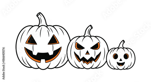 Row of three white carved pumpkins with a bright orange inner glow showing happy and angry faces for halloween decor.