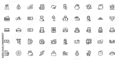 Money icon set. Finance vector illustrations. Includes symbols for wallet, payment, income, savings, tax, credit card, investment, security and more. Editable stroke.