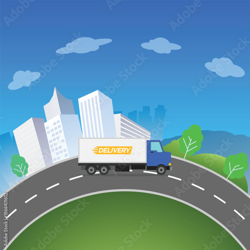 Delivery service truck container with city and mountain background