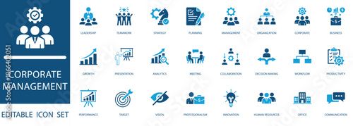  corporate management icon set. including teamwork, strategy, growth, analytics, and business productivity icons. Editable vector elements for web and print.