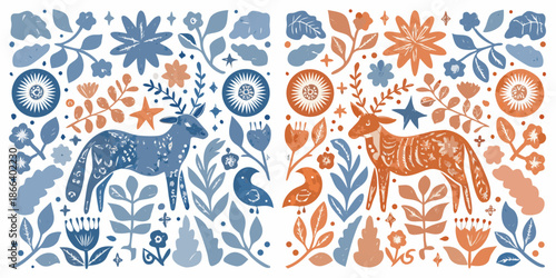 Stylized floral and animal illustration with symmetrical design in blue and orange
