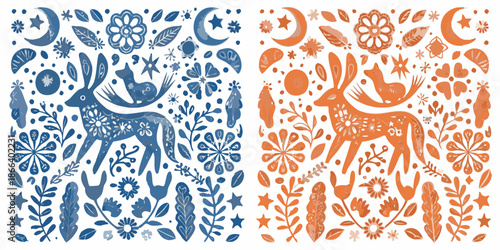 Folk art style illustration featuring deer flowers and celestial motifs in two colors