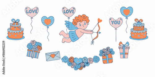 A charming collection of valentine s day elements including cupid cakes and gifts