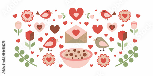 A delightful collection of birds hearts flowers and a bowl of chocolate treats