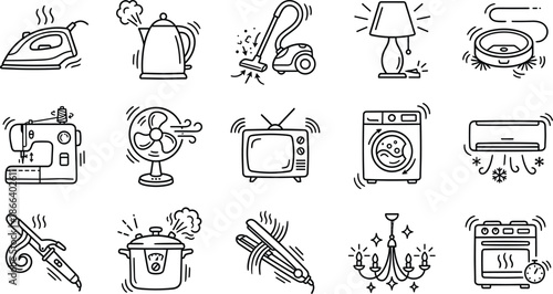 Home Appliances and Household Electronics Line Icons Set Featuring Iron Kettle Vacuum Cleaner Lamp Fan Television Washing Machine And Oven