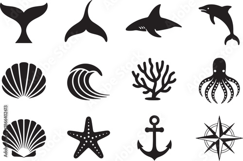 Nautical Symbols and Marine Life Silhouette Set