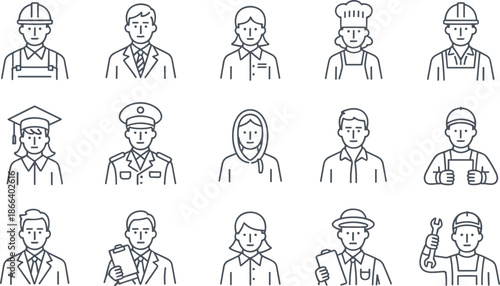 Professional People and Occupation Avatar Line Icons Set Featuring Diverse Workers Chef Engineer Doctor Graduate Pilot Mechanic And Business Professionals