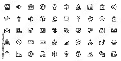 Investment icon set. Finance vector icons pack. Includes symbols for tax, money, growth, profit, risk, bitcoin, savings, loan, banking and more. Editable stroke.
