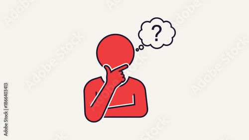 Red Silhouette of a Person Thinking with Question Mark Bubble.