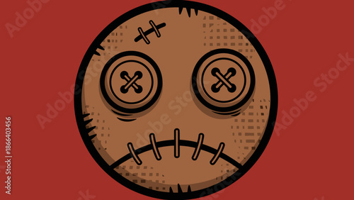 Sad Voodoo Doll Face with Button Eyes and Stitched Mouth.