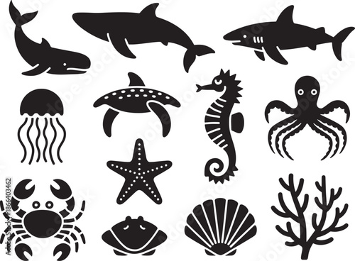Sea Creature and Ocean Life Icons Silhouettes
