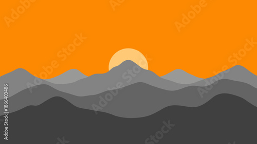 Serene Mountain Range Silhouette at Sunset with Warm Orange Sky.