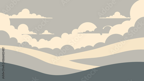 Serene Landscape with Rolling Hills and Cloudy Sky Illustration.