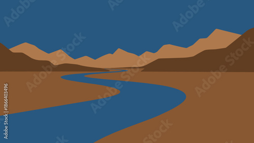 Serene River Valley Landscape with Distant Mountains.