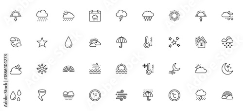 Weather icon set. Vector illustration. Minimalist weather symbols pack. Includes sun, cloud, rain, snow, wind, rainbow, storm, moon, stars, thermometer and more. Editable vector.