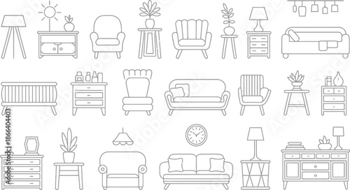  features a collection of minimalist line art illustrations depicting various pieces of home furniture