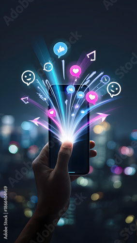 Digital Connection: A hand cradles a smartphone, with social media symbols emanating outward like bursts of light, illuminating the night sky, showcasing modern technology's powerful reach.