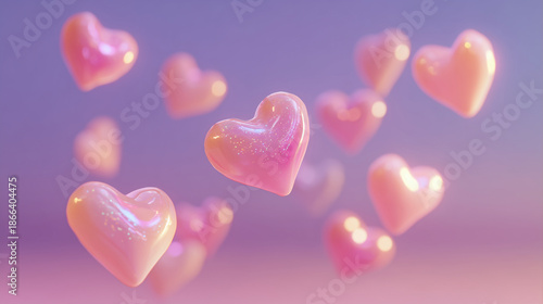 glossy 3d heart shapes floating on pastel background, soft romantic composition with bokeh and smooth light, cute love symbol for greeting cards posters social media and valentine design themes