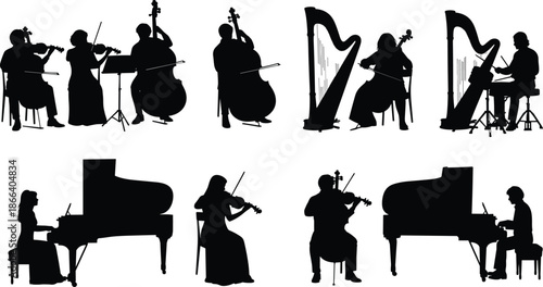 Classical music musicians silhouettes set with violin, cello, harp and piano players, black orchestra vector illustration for concert, performance and music design use