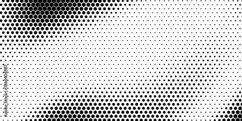 Hexagon halftone gradient texture. Abstract black grunge background. Geometric retro halftone tech overlay. Fading wavy hexagonal pattern backdrop. Vector vanishing honeycomb grunge bitmap wallpaper