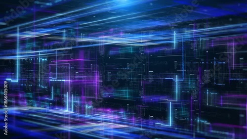 Technology digital glow line hologram perspective view fly through concept. HUD UI system hologram, ai construction 4K motion background