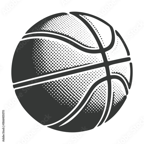 Detailed black and white vector illustration of a classic textured basketball with traditional design.