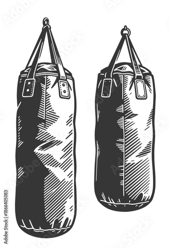 Pair of classic hanging punching bags for boxing training in detailed black and white vector illustration.