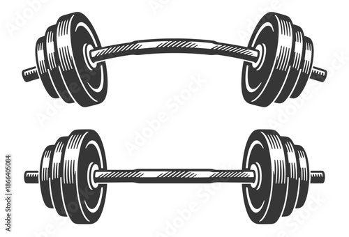 Bent and straight classic metal dumbbells with weight plates in detailed black and white vintage vector illustration.