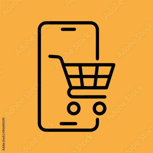 Minimalist Black Line Art Icon of a Shopping Cart Integrated with a Smartphone Screen on an Orange Background