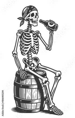 Vintage black and white vector illustration of a pirate skeleton with bandana sitting on barrel and drinking from bottle.