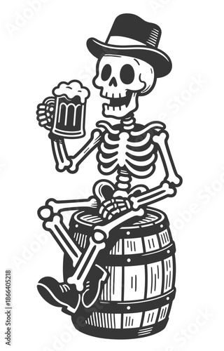 Vintage black and white vector illustration of a cheerful skeleton in hat sitting on barrel holding beer mug.