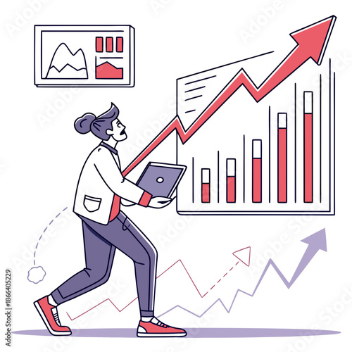 Business professional analyzing data and looking at upward trends for market growth and success