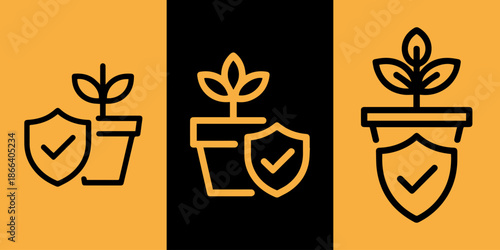 Three line art icons featuring a potted plant with a shield and check mark, representing growth and security, on orange and black backgrounds.