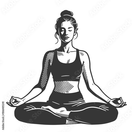 Black and white vector illustration of a serene woman in lotus pose meditating with eyes closed wearing yoga clothes.