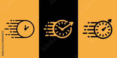 Three stylized clock icons depicting speed and the passage of time against contrasting orange and black backgrounds.