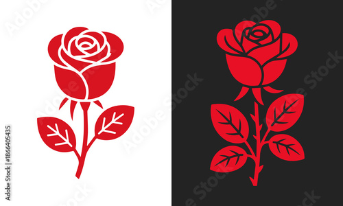 Two stylized red roses, one on a white background and the other on a dark gray background, presented side by side.