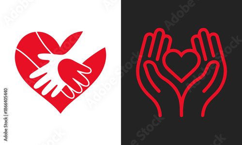 Two distinct abstract graphic representations of hands forming a heart shape, symbolizing love, care, and support, presented side-by-side.