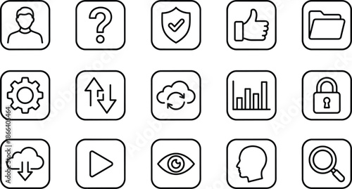 Collection of fifteen line style web icons including profile, security, cloud sync, analytics, search, settings, and business data management symbols