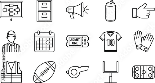 Set of fifteen thin line icons featuring American football symbols, referee equipment, game tactics, stadium events, sports management, and team apparel
