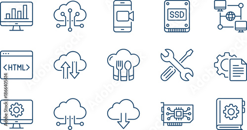 Technology and web development line icon set featuring cloud computing, data analytics, hardware components, coding, server tools, and digital infrastructure.