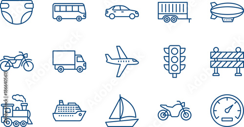 Transportation and travel line icon set featuring bus, car, airplane, ship, train, motorcycle, truck, traffic light, and various vehicle symbols.