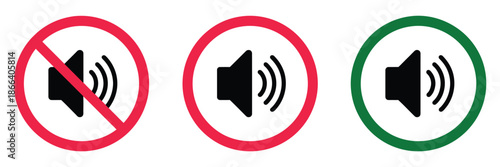 No speaker sound or keep silence icons in red and green, including mute, unmute, volume allow, and prohibit signs, ideal for sound control interfaces, multimedia apps, digital dashboards
