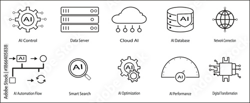 AI Control, Data Server and Digital Transformation Black Outline Icon Set