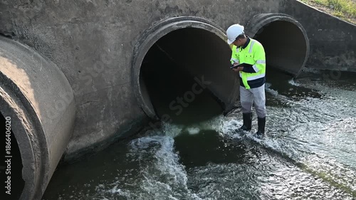 Engineer Conducting Safety Inspection at Drainage Pipe and Water Channel