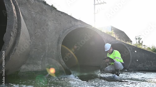 Engineer Conducting Safety Inspection at Drainage Pipe and Water Channel