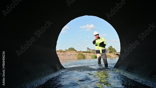 Engineer Conducting Safety Inspection at Drainage Pipe and Water Channel