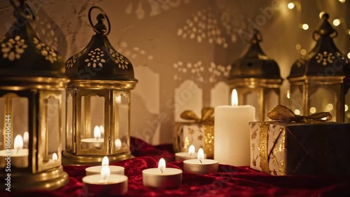 Ornate lanterns lit candles and gift boxes on crimson fabric illuminated by warm background lights