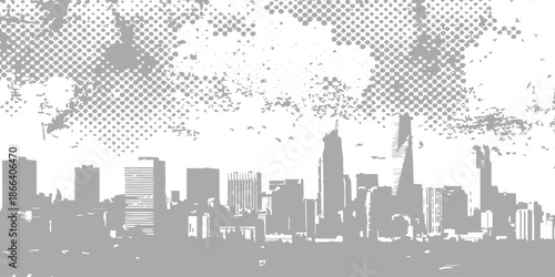 Gritty urban skyline silhouette with halftone and grunge effects over a modern city